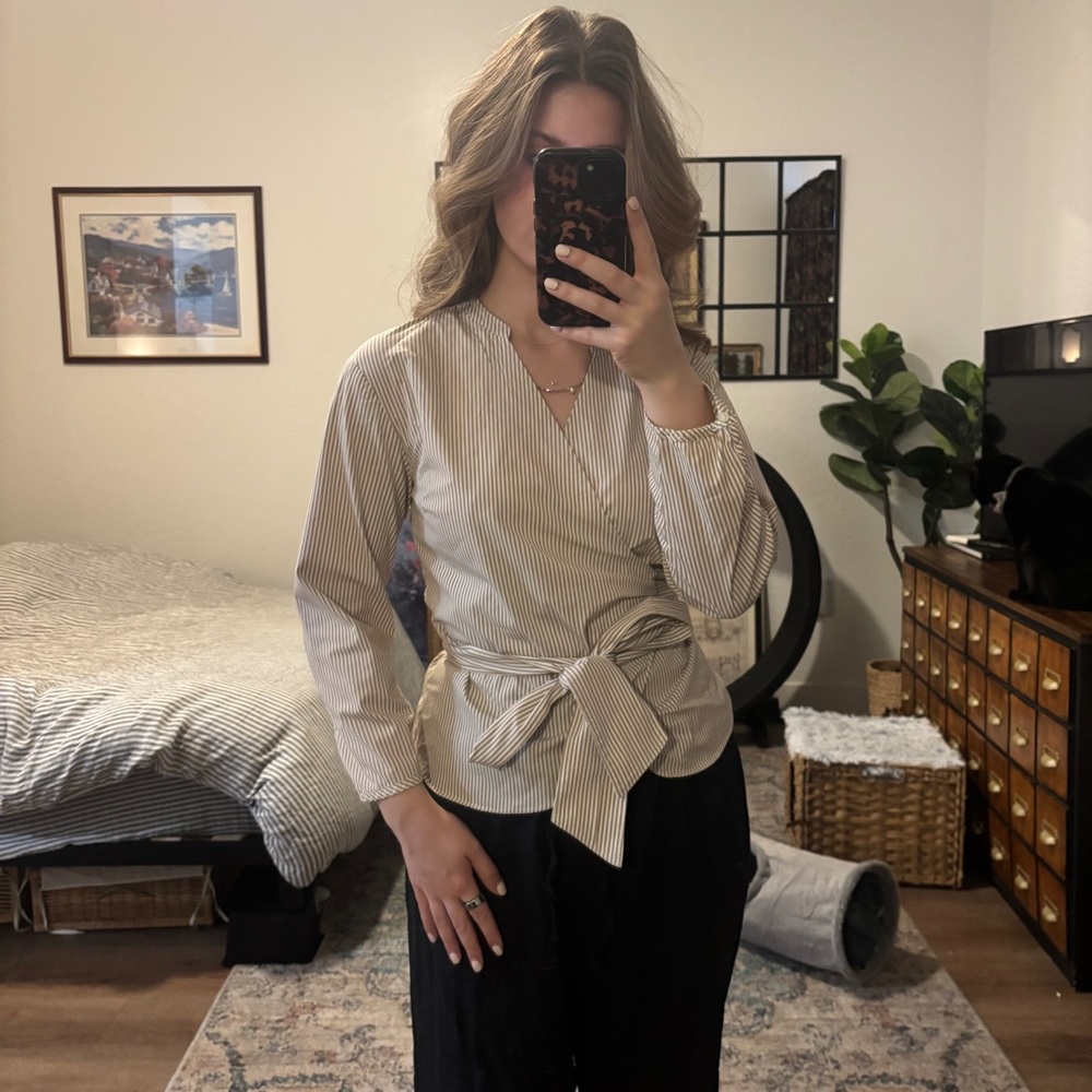 J. Crew cotton oxford stripe cream and white wrap blouse